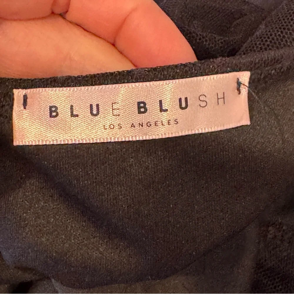 Blue Blush Black Mesh Top Crop Ruched Semi Sheer Polka Dots L